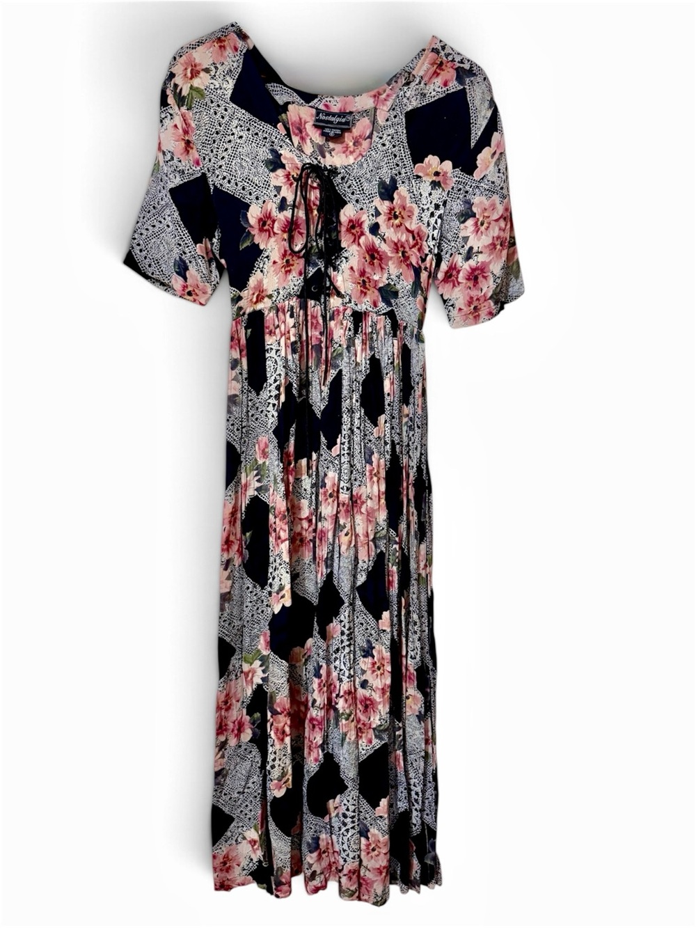 Vintage 90s Nostalgia Lace Up Maxi Dress Empire Waist Floral Black Pink Sz S